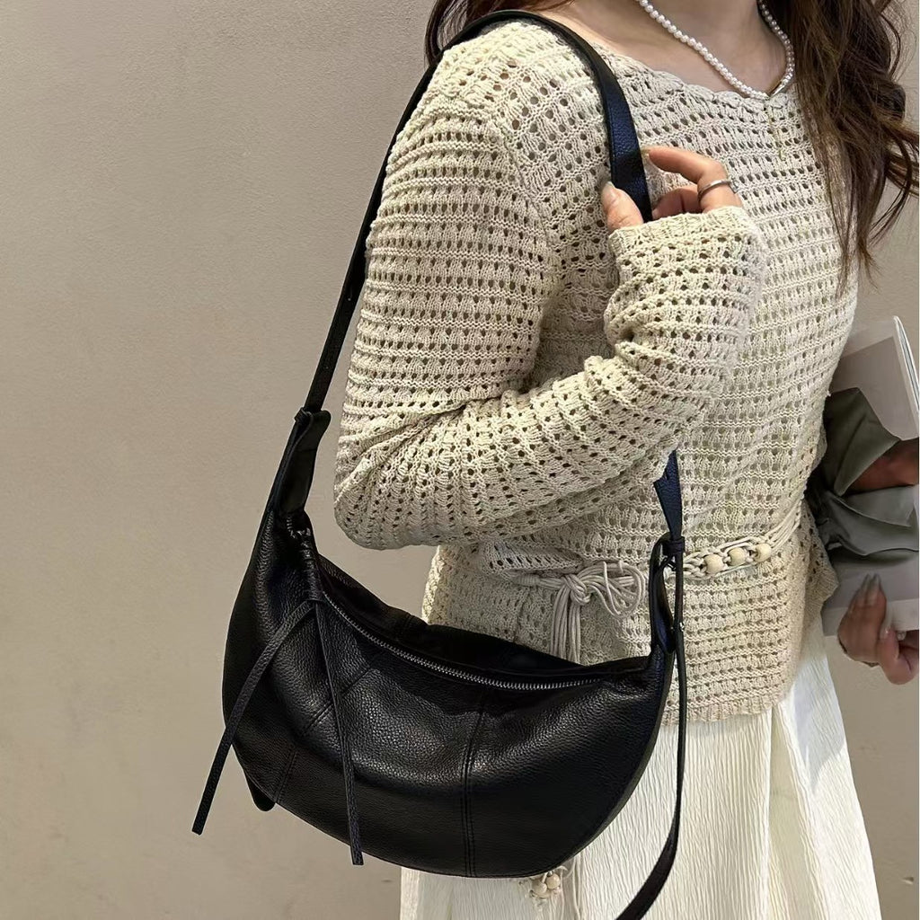 Women’s Genuine Leather Crescent Shoulder Bag – Soft Hobo Crossbody Bag for Everyday & Commuting